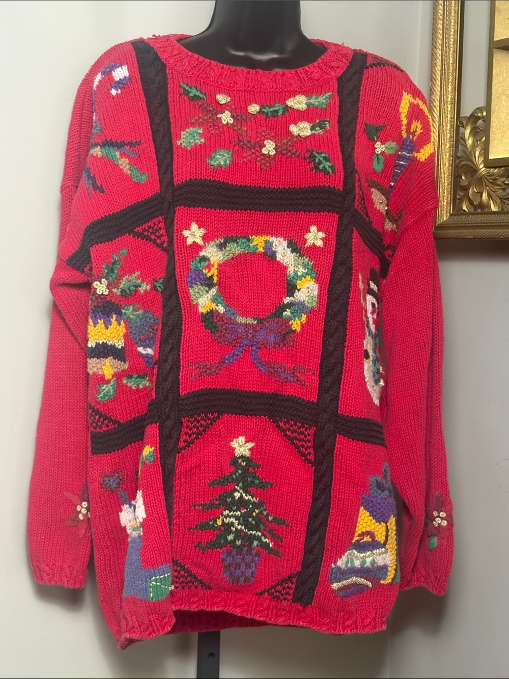 VINTAGE Festive Red Holiday Patchwork Sweater Size 26 28